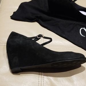 Delman black suede covered 3" wedge peep toes